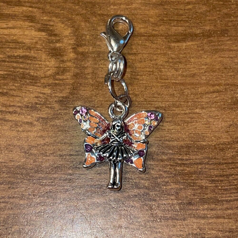 Clip On Butterfly Fairy Charm Orange Wings Pink Gems Silvertone Hardware Clasp